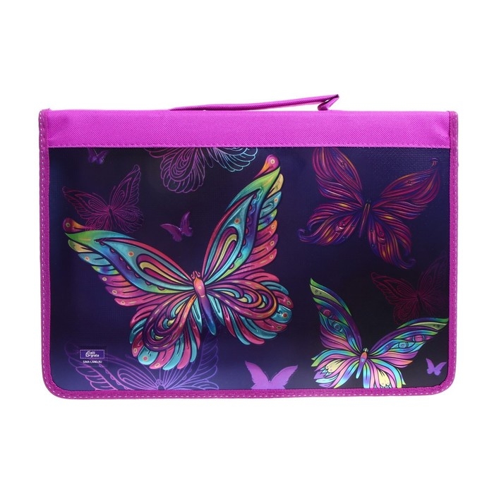 Папка-пенал для труда А4, 340 х 240 х 30 мм, с ручкой, молния вокруг, наполнение 27 предметов, Calligrata, Папка-пенал для труда А4, 340 х 240 х 30 мм, с ручкой, молния вокруг, наполнение 27 предметов, Calligrata,"Бабочки", ламинированный картон (объемный 3D-рисунок с эффектом металлика)