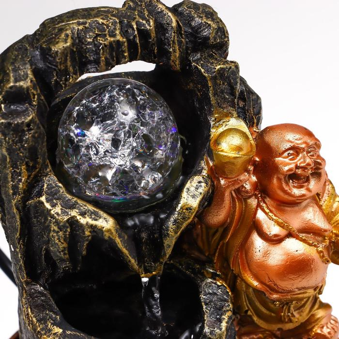 Фонтан настольный от сети, подсветка "Хотей со слитком у грота" 22,5х15х15 см