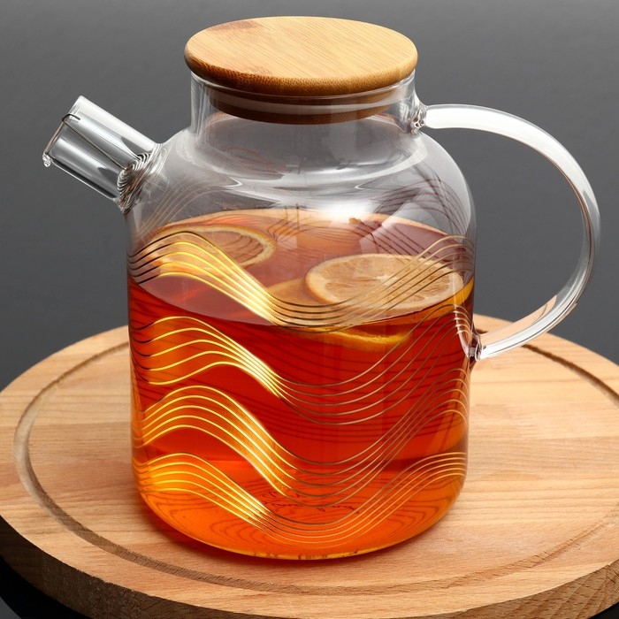 Чайник стеклянный заварочный с бамбуковой крышкой &laquo;Геометрия&raquo;, 1700 мл