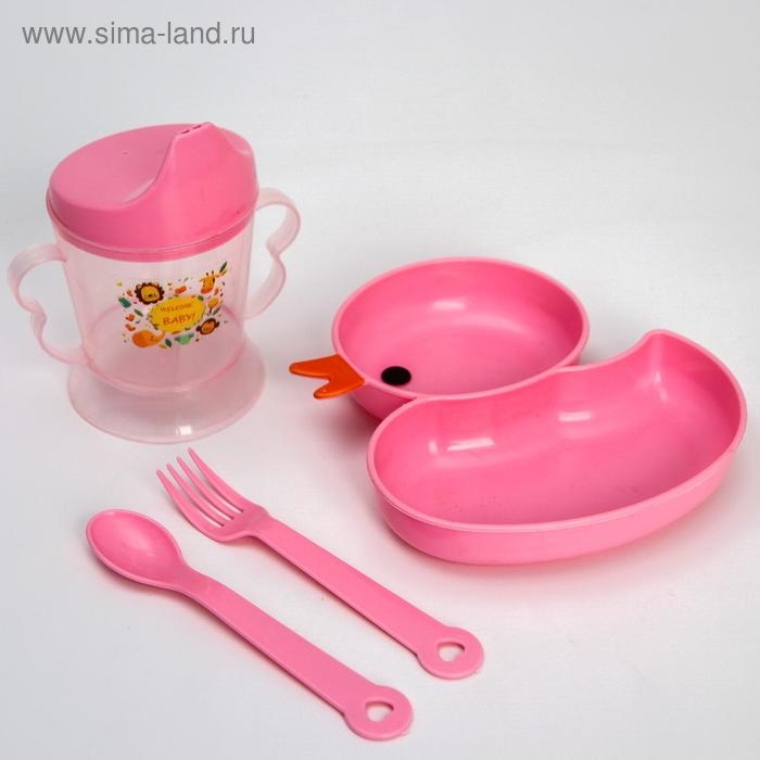 Набор посуды 4 предмета, миска, вилка, ложка, поильник твердый носик 200 мл., цвет МИКС