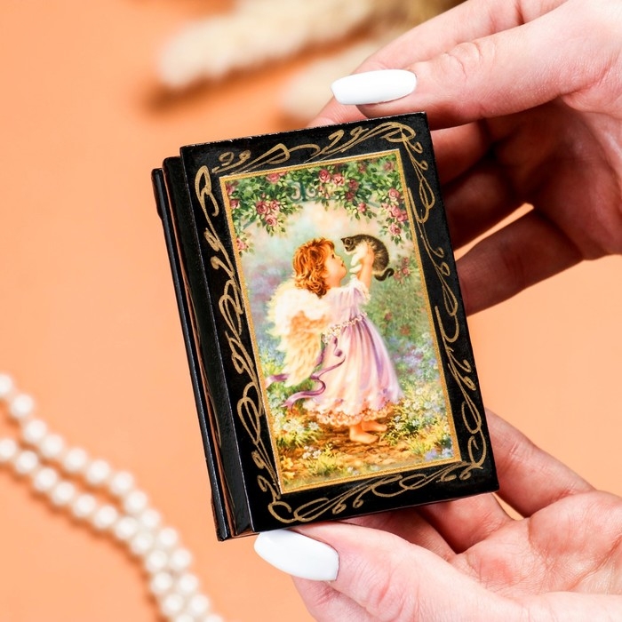 Шкатулка «Ангел с котёнком», 6х9 см, лаковая миниатюра Шкатулка «Ангел с котёнком», 6х9 см, лаковая миниатюра