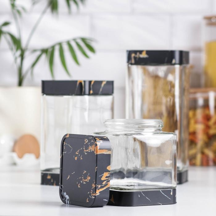 Набор банок стеклянных для сыпучих продуктов «Элегант», 3 предмета: 750/1000/1400 мл, цвет чёрный мрамор Набор банок стеклянных для сыпучих продуктов «Элегант», 3 предмета: 750/1000/1400 мл, цвет чёрный мрамор