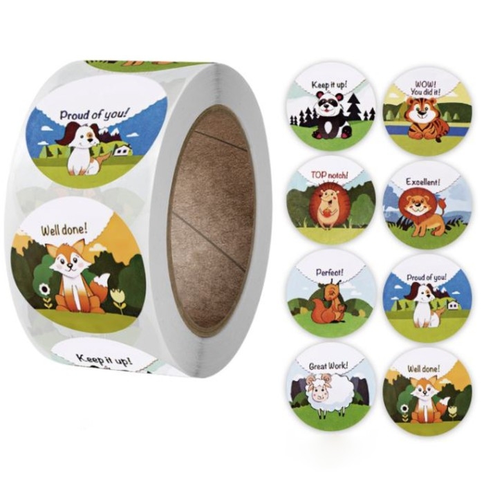 Наклейка бумага Наклейка бумага "Подбадривающие зверята" d=2,5 см 500 шт в рулоне 3х6,5х6,5 см
