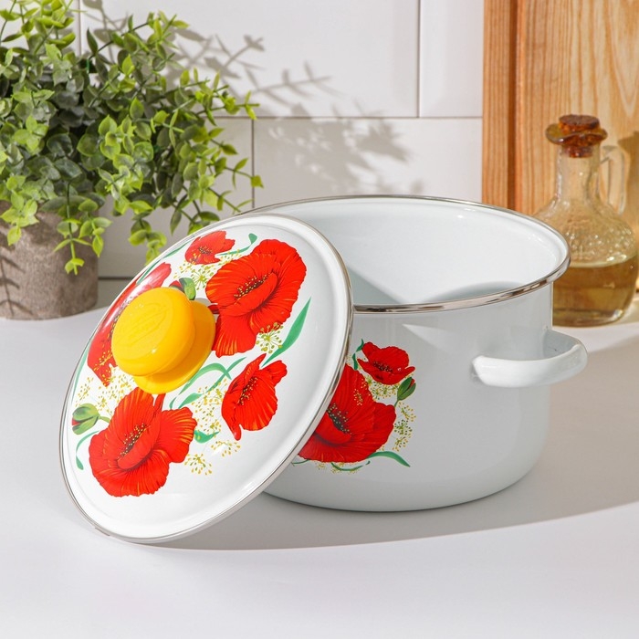 Кастрюля эмалированная &laquo;Маки&raquo;, 3 л, индукция, цвет белый