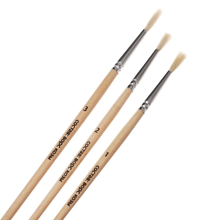 Набор кистей коза, 3 штуки (№1, 2, 3), круглые, с деревянными ручками, в блистере