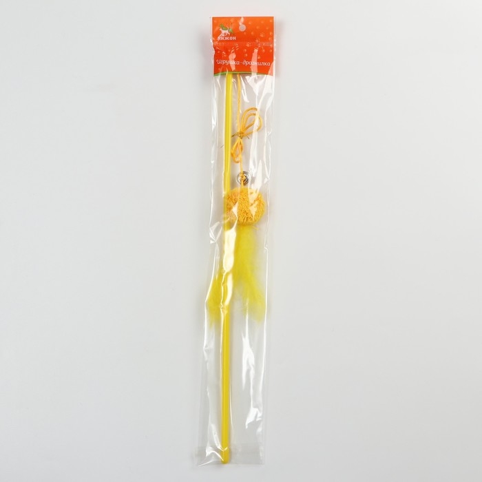 Дразнилка-удочка с мягким шариком и перьями, жёлтая