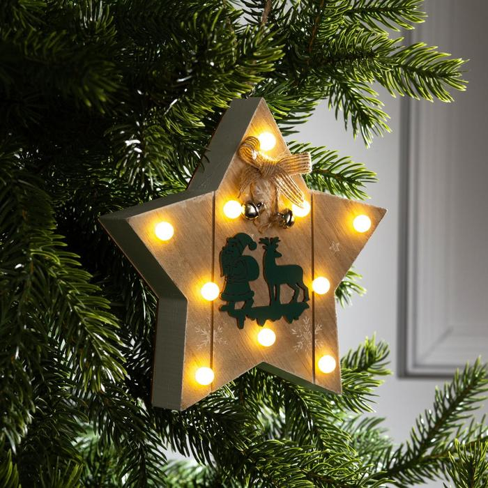 Ёлочная игрушка &laquo;Звезда с Дедом Морозом и оленем&raquo;, от батареек, свечение тёплое белое
