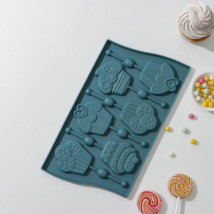 Форма для леденцов Доляна &laquo;Капкейк&raquo;, силикон, 27,5&times;16,5 см, 6 ячеек (6&times;7 см), с палочками, цвет МИКС