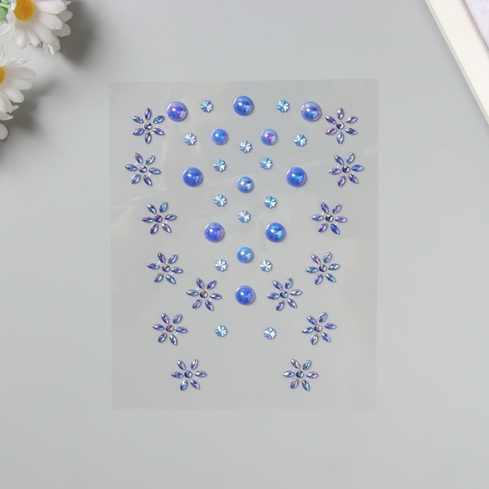 Наклейка пластик стразы на волосы "Синие цветы" 21х15,5 см