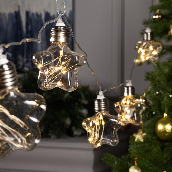 Гирлянда &laquo;Нить&raquo; 3 м с насадками &laquo;Лампочки звёздочки&raquo;, IP20, прозрачная нить, 80 LED, свечение тёплое белое, 8 режимов, 220 В