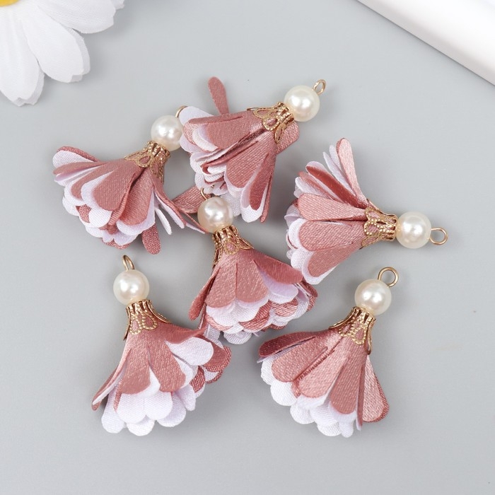 Декор текстиль Декор текстиль "Цветок 2 цвета с жемчужиной. Пыльная роза и белый" набор 6 шт 3 см