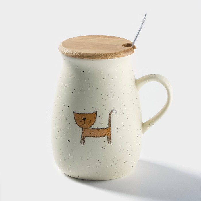 Кружка керамическая с деревянной крышкой и ложкой &laquo;Пэтти&raquo;, 350 мл, рисунок МИКС