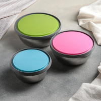 Набор салатников из нержавеющей стали с крышками &laquo;Яркая сталь&raquo;, 3 шт: d=12 см, d=14 см, d=16 см, 800 мл, 600 мл, 400 мл, цвет МИКС