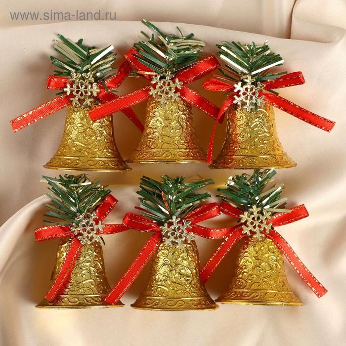 Украшение ёлочное "Колокольчики со снежинкой" (набор 6 шт) 4,5х4,5 см, золотисто-красный