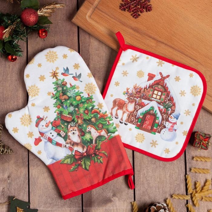 Набор кухонный &laquo;Новогодние игрушки&raquo; варежка-прихватка 20х28см, прихватка 19х19см, 100% хлопок