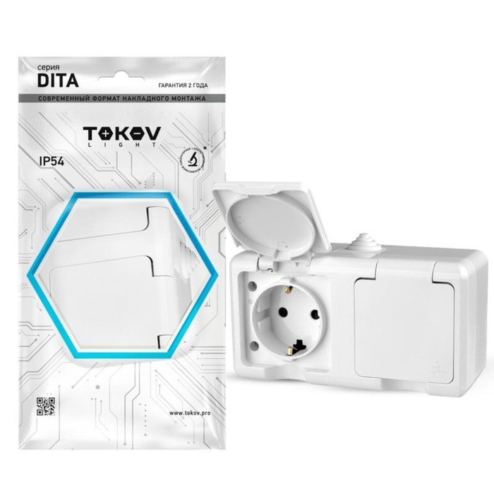 Розетка TOKOV ELECTRIC, Dita, 2-м, 16А, IP54, 250В, с з/к, с кр, белый, TKL-DT-R2Z-C01-IP54 Розетка TOKOV ELECTRIC, Dita, 2-м, 16А, IP54, 250В, с з/к, с кр, белый, TKL-DT-R2Z-C01-IP54
