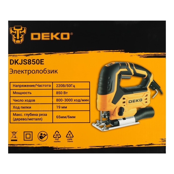 Электролобзик DEKO DKJS850E, 850 Вт, регулировка оборотов, маятниковый ход, 800-3000 об/мин Электролобзик DEKO DKJS850E, 850 Вт, регулировка оборотов, маятниковый ход, 800-3000 об/мин