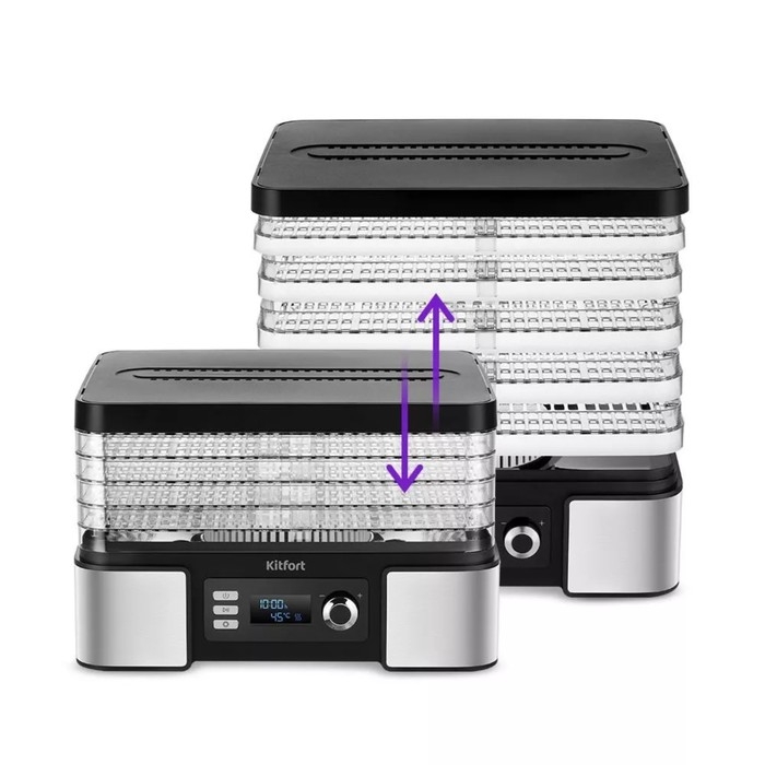 Сушилка для овощей и фруктов Kitfort КТ-1957, 450 Вт, 5 ярусов, таймер, серебристо-чёрная Сушилка для овощей и фруктов Kitfort КТ-1957, 450 Вт, 5 ярусов, таймер, серебристо-чёрная