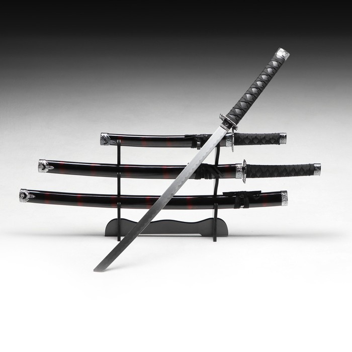 Сув. изделие катаны 3в1 на подставке, ножны дерево, черные с дымкой бордо глянец 51/77/100см