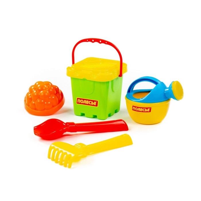 Песочный набор №169: ведро-крепость, ситечко-крепость, совок, грабельки, 1 формочка, лейка Песочный набор №169: ведро-крепость, ситечко-крепость, совок, грабельки, 1 формочка, лейка