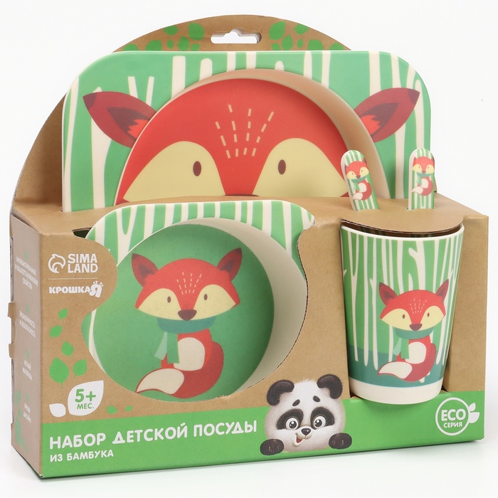 Набор детской посуды &laquo;Лисичка&raquo;, из бамбука, 5 предметов: тарелка, миска, стакан, столовые приборы