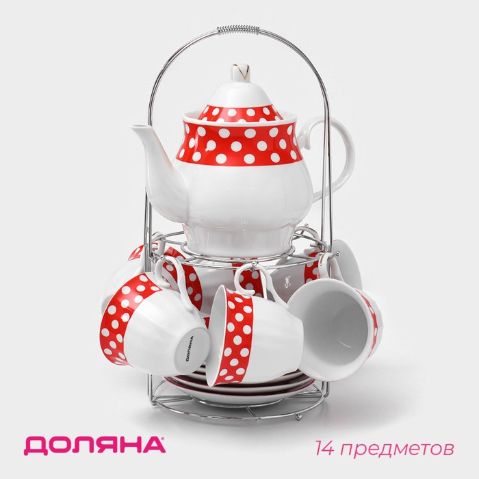 Сервиз чайный керамический на металлической подставке Доляна &laquo;Горох&raquo;,13 предметов на подставке: 6 чашек 210 мл, 6 блюдец - d=14 см, чайник 950 мл, цвет красный