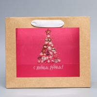 Пакет подарочный новогодний крафтовый с пластиковым окном &laquo;Новогодние шары&raquo;, 24 х 20 х 11см