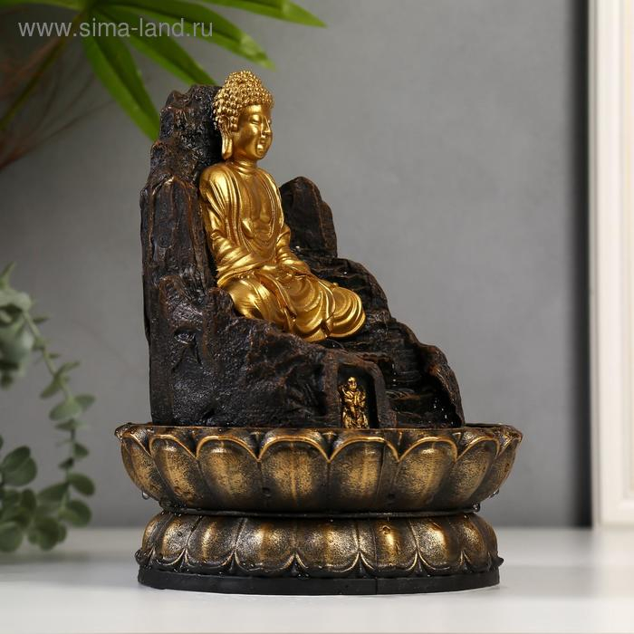 Фонтан настольный от сети, подсветка Фонтан настольный от сети, подсветка "Золотой Будда на троне из скалы" 28х20,5х20,5 см