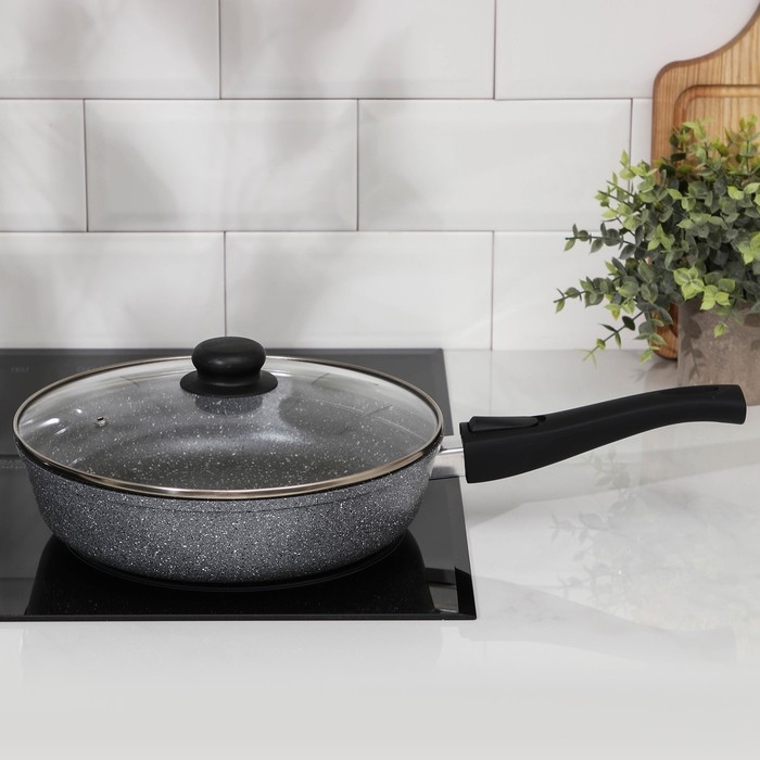 Сковорода Доляна &laquo;Марбл&raquo;, d=26 см, стеклянная крышка, съёмная ручка, антипригарное покрытие