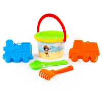 Набор песочный №252, ведро среднее с наклейкой, ситечко, совок, грабельки, формочки