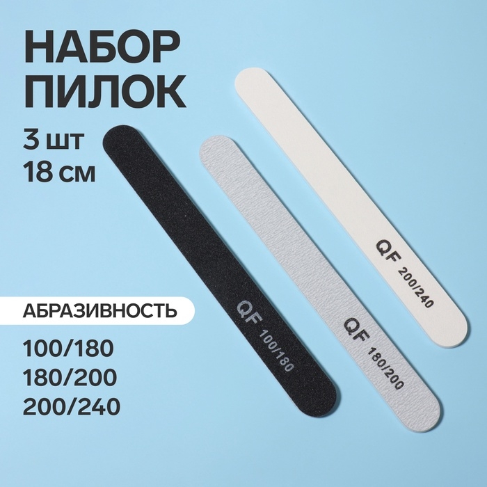 Пилки - наждаки, абразивность 100/180, 180/200, 200/240, 18 см, 3 шт, цвет чёрный/серый/белый Пилки - наждаки, абразивность 100/180, 180/200, 200/240, 18 см, 3 шт, цвет чёрный/серый/белый
