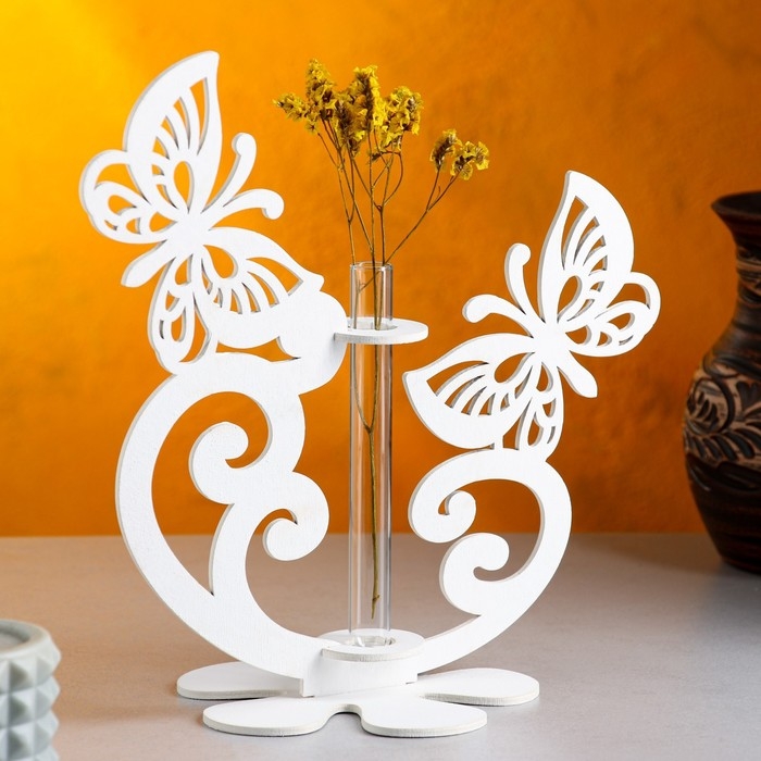 Кашпо деревянное 13.5&times;13&times;26.5 см с 1 колбой "Бабочки", белый Дарим Красиво