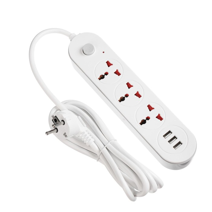 Удлинитель Luazon Lighting, 3 розетки, 3 м, 10 А, 2200 Вт, 2х0.75 мм2, 3хUSB, с выкл., Б Удлинитель Luazon Lighting, 3 розетки, 3 м, 10 А, 2200 Вт, 2х0.75 мм2, 3хUSB, с выкл., Б