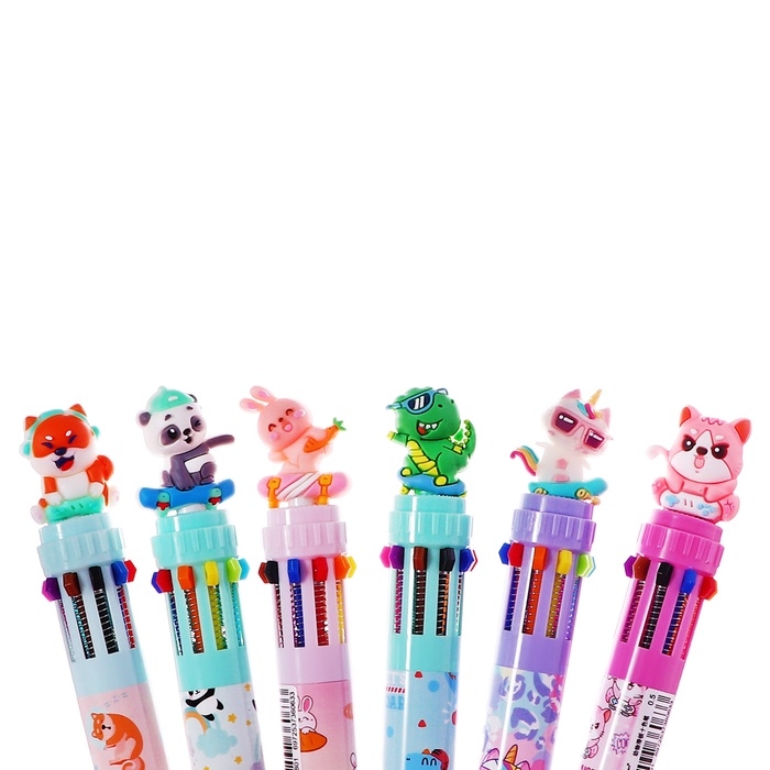 Ручка шариковая автоматическая, 10-ти цветная, штрихкод на штуке, МИКС Зверята