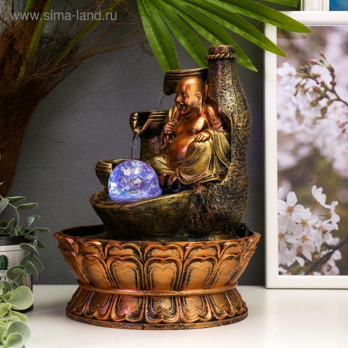 Фонтан настольный от сети, подсветка "Хотей у скалы с водопадом" 27х20х20 см