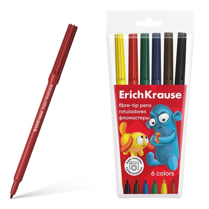 Фломастеры 6 цветов, ErichKrause, "Jolly Friends Super Washable" микс