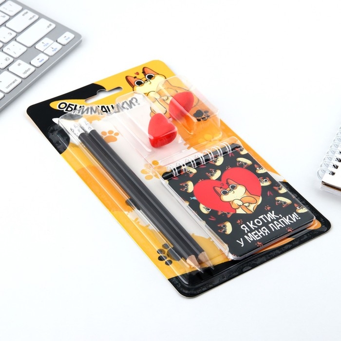 Подарочный набор &laquo;Котик&raquo;, карандаши 2 шт, ластики 2 шт, блокнот