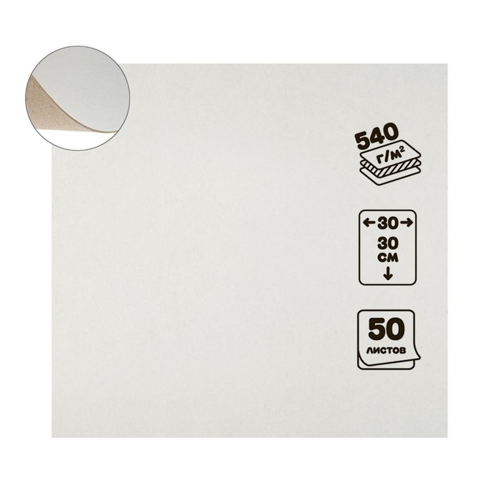 Картон переплётный 0.9 мм, 30 х 30, 50 листов, 540 г/м&sup2;, белый