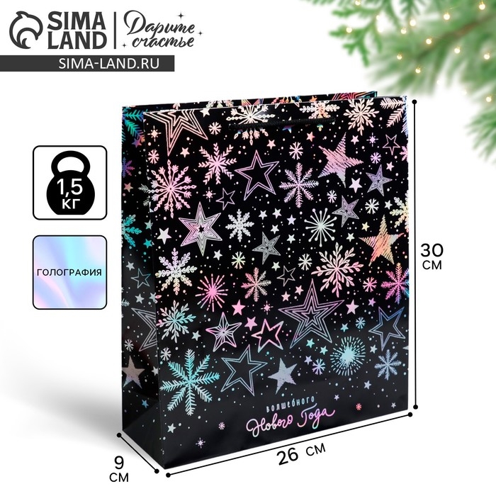 Пакет голографический вертикальный &laquo;Волшебного Нового года&raquo;, M 26 x 30 х 9 см , Новый год