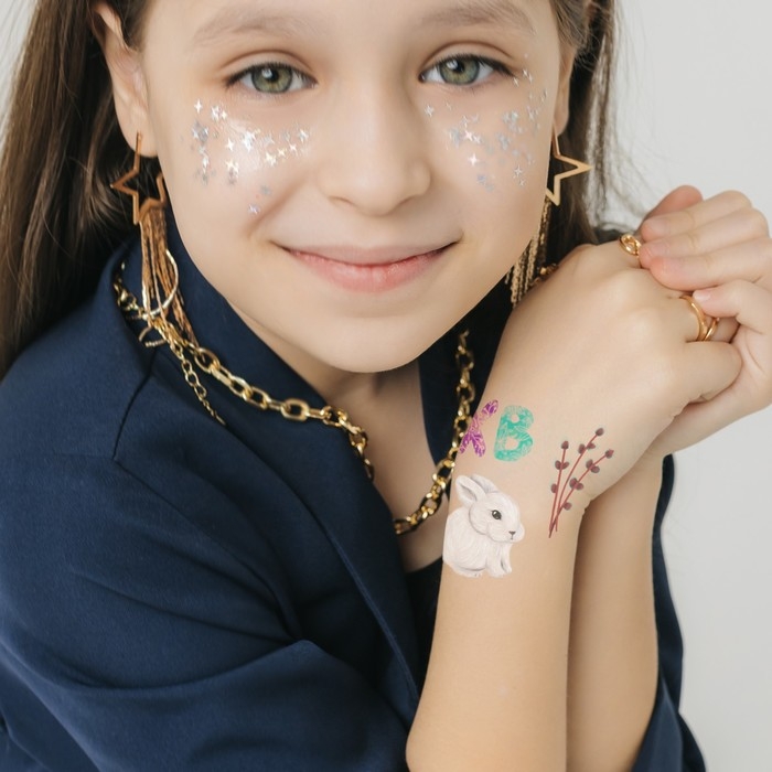 Татуировка на тело цветная "Пасхальные яички и кролик" 10х10 см