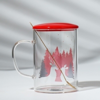 Новый год. Кружка стеклянная с ложкой и крышкой «Зимний лес», 470 мл Новый год. Кружка стеклянная с ложкой и крышкой «Зимний лес», 470 мл