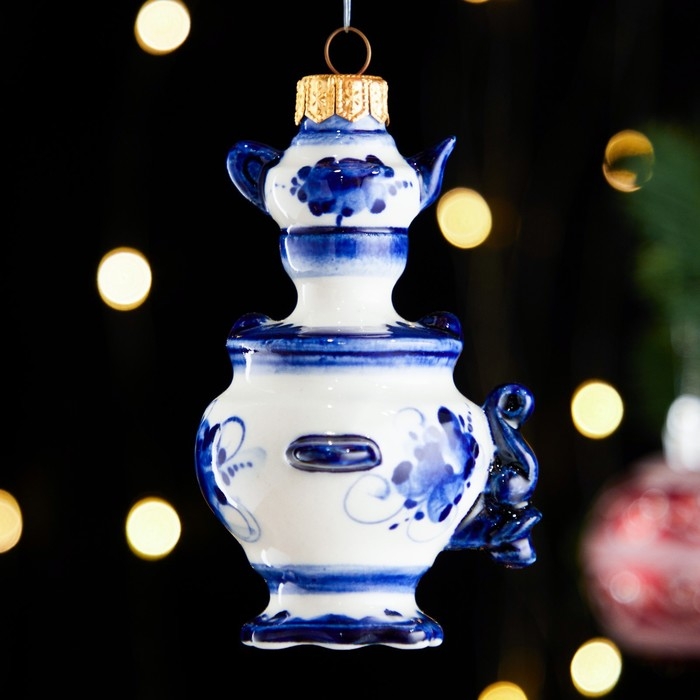 Ёлочная игрушка "Самовар с чайником",  гжель, фарфор, h=10см