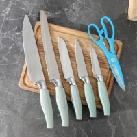 Набор ножей кухонных на подставке, 6 предметов: 5 ножей 8,5 см, 12 см, 12 см, 19,7 см, 19 см, ножницы, цвет голубой