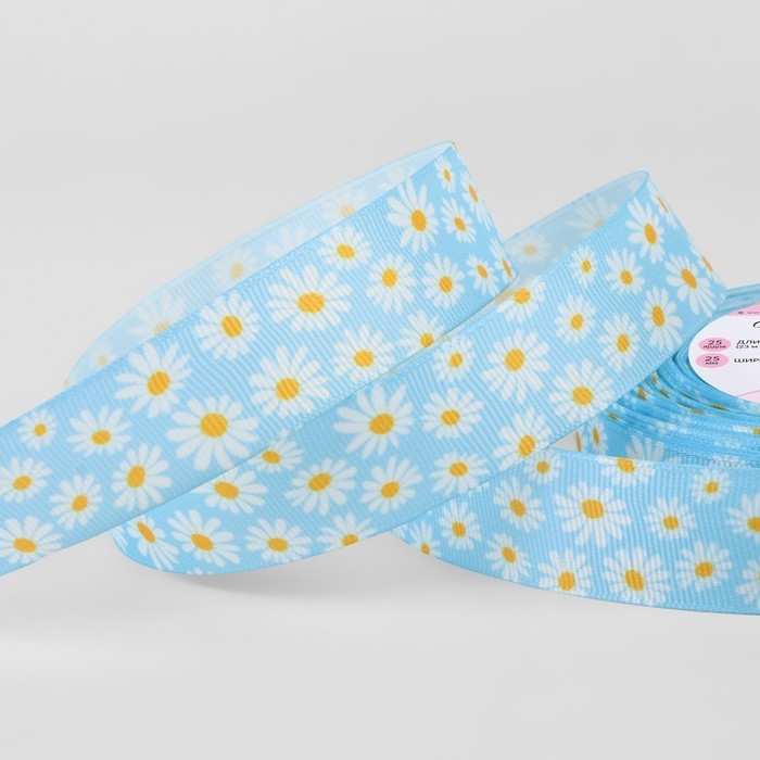 Лента репсовая &laquo;Весёлые ромашки&raquo;, 25 мм, 23 &plusmn; 1 м, цвет голубой