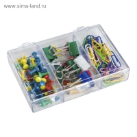 Набор канцелярский из 3-х предметов (скрепки 28 мм цветные - 50 шт., зажимы для бумаг 19 мм цветные - 10 шт., кнопки силовые цветные - 40 шт.)