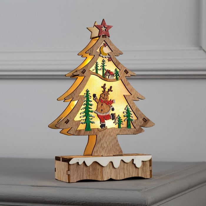 Светодиодная фигура &laquo;Ёлка с оленем&raquo; 12 &times; 20 &times; 5 см, дерево, батарейки АААх2 (не в комплекте), свечение тёплое белое