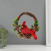 Сувенир подвеска "Красная птичка на венке с шишками" 7,5х20х20,5 см