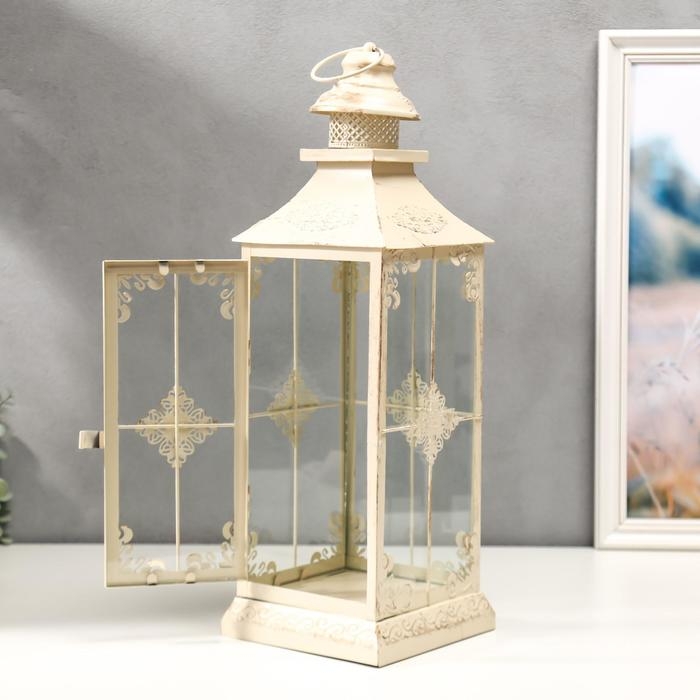 Подсвечник металл, стекло на 1 свечу фонарик Подсвечник металл, стекло на 1 свечу фонарик "Ажурный ромб" белый с патиной 52,5х17,5х17,5см 54492