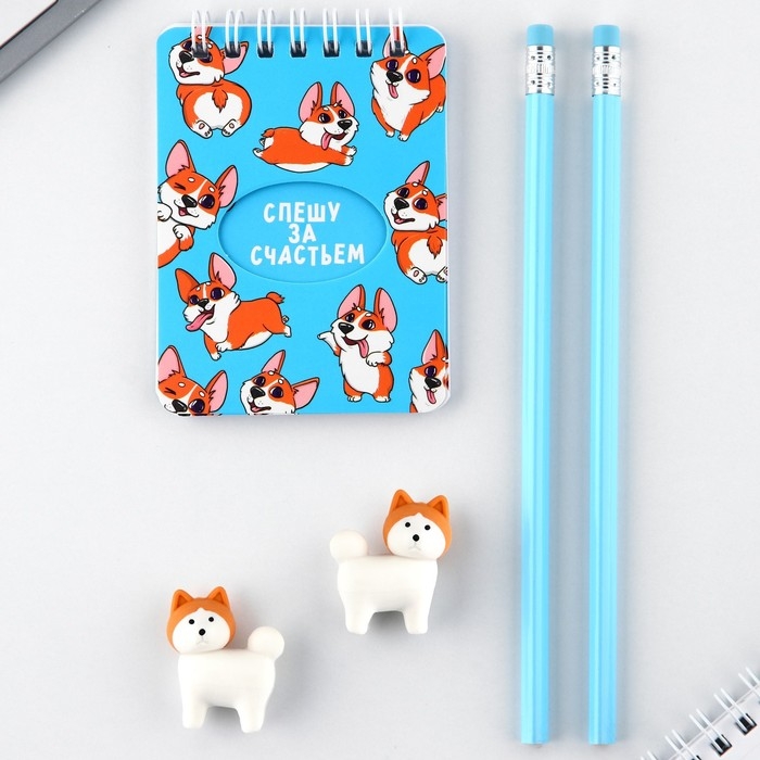 Подарочный набор &laquo;Спешу за счастьем&raquo;, карандаши 2 шт, ластики 2 шт, блокнот