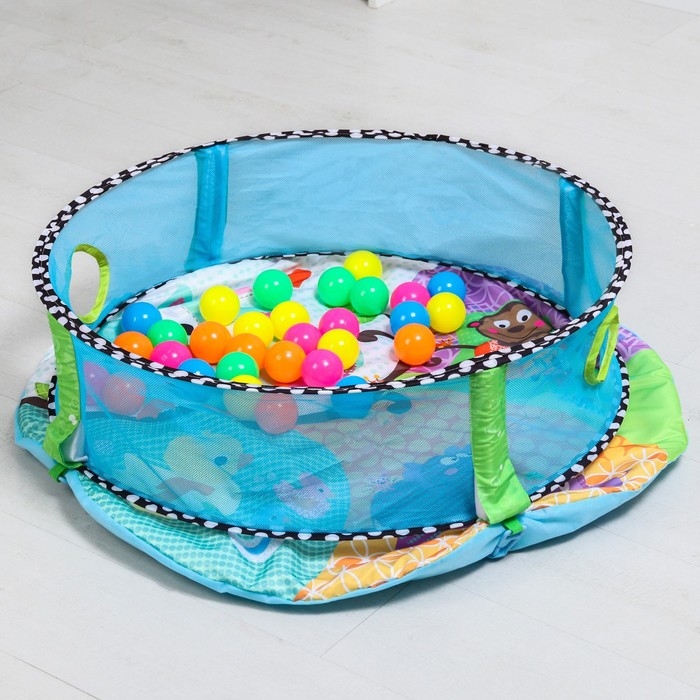 Развивающий коврик &laquo;Друзья Африки&raquo;, бортик, с дугами, голубой, 30 цв. шаров, р - р 77х76х0,5 см.